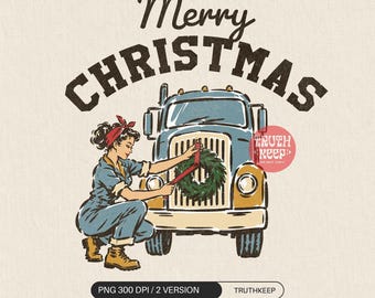 Female Trucker Christmas PNG, Merry Christmas Semi Truck Wreath, Woman Driver Vintage CDL Holiday Sublimation Download