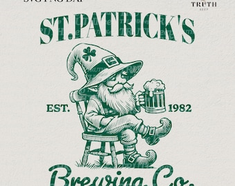 May include: Green and white illustration of a leprechaun sitting on a chair holding a beer mug. The text "ST. PATRICK'S Brewing Co. premium lucky spirits" is below the leprechaun. The text "EST. 1982" is to the right of the leprechaun.
