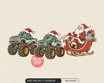 Santa Monster Truck PNG, Christmas Sleigh Pulled by Off Road Trucks, Kids Holiday Sublimation Download