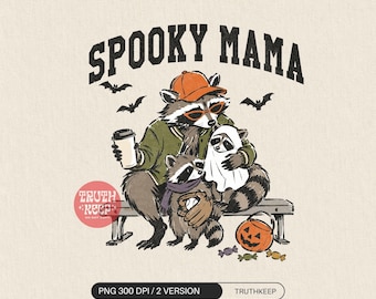 Spooky Mama Raccoon PNG, Halloween Raccoon Family PNG, Retro Halloween Mom Shirt Design, Ghost Raccoon Sublimation Download