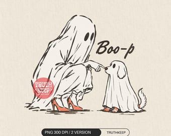 Boo-P Ghost Dog PNG, Halloween Dog Mom Nose Boop, Woman and Puppy Ghost Costume, Retro Spooky Sublimation Download