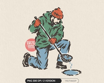 Ice Fishing PNG, Fisherman Clearing Ice Hole, Winter Angler Sublimation, Outdoor Sports Digital Download