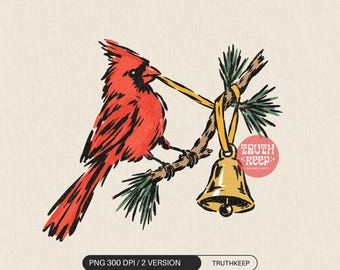 Christmas Cardinal PNG, Red Bird with Gold Bell, Vintage Winter Pine Sublimation Digital Download