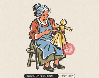 Corn Husk Doll PNG, Vintage Woman Fall Craft, Thanksgiving Folk Art Sublimation, Autumn Digital Download