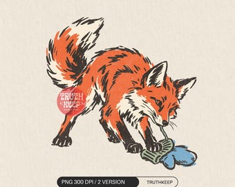 Winter Fox PNG, Fox Stealing Mittens, Funny Woodland Animal Sublimation, Vintage Winter Digital Download