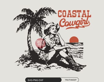 Coastal Cowgirl PNG SVG: レトロなウエスタンビーチデザイン (デジタルダウンロード)