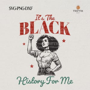 May include: A black and white illustration of a woman with her fist raised in the air. The text "It's The BLACK History For Me" is written in red letters above her. The background is white.