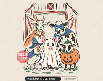 Halloween Farm Animals in Costume PNG, Barnyard Graphic with Ghost Pig and Witch Chicken