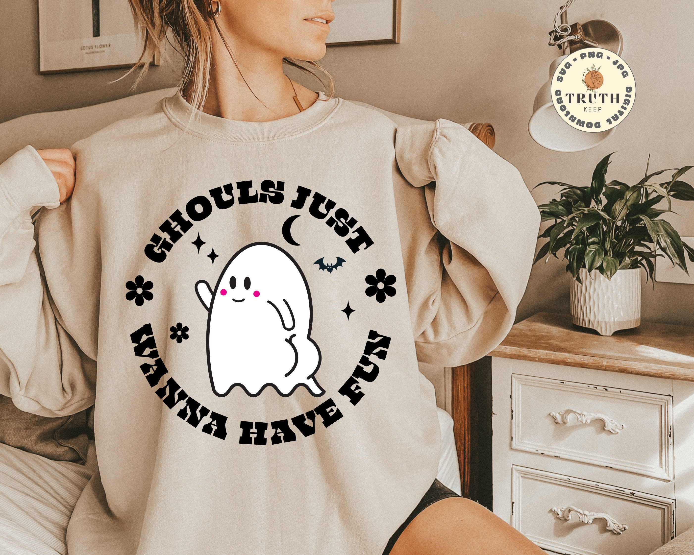 Maglietta Vintage Donna Ykomow: 'Ghouls Just Wanna Have Fun', Arancione Sbiancato
