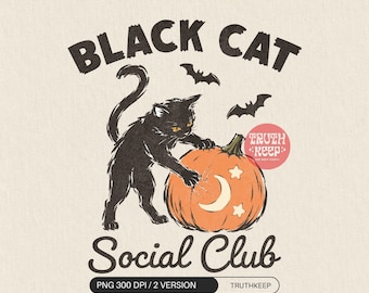 Black Cat Social Club PNG, Halloween Cat Scratching Pumpkin, Retro Spooky Cat Sublimation, Cat Lover Shirt Design