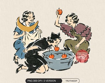 Vintage Bobbing for Apples PNG, Retro Halloween Women PNG, Halloween Party Sublimation, Spooky Season Shirt Design, Digital Download