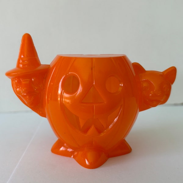 Vintage Halloween Hard Plastic Rosbro JOL w/Witch & Cat Candy Container