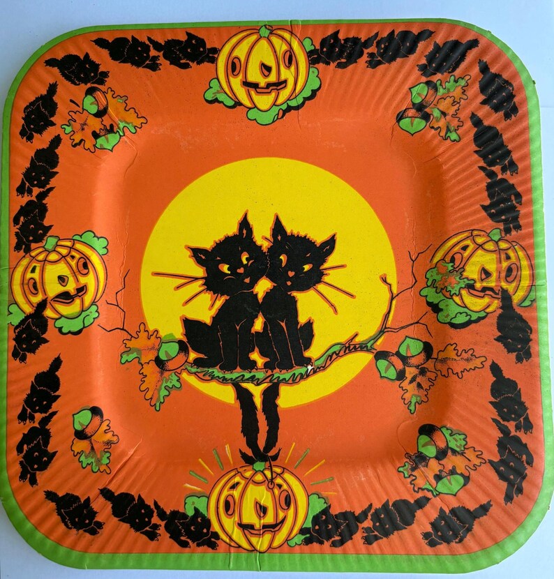Vintage 1940s Halloween Party Plate: Black Cats & Jack O'lanterns - Etsy