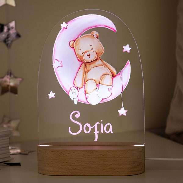 Lampe de nuit pink Teddy, Lampe de nuit de chambre de chambre de bébé avec nom personnalisé, Veilleuse personnalisée pour chambre d’enfants, Cadeau pour enfants, Décor de lumière