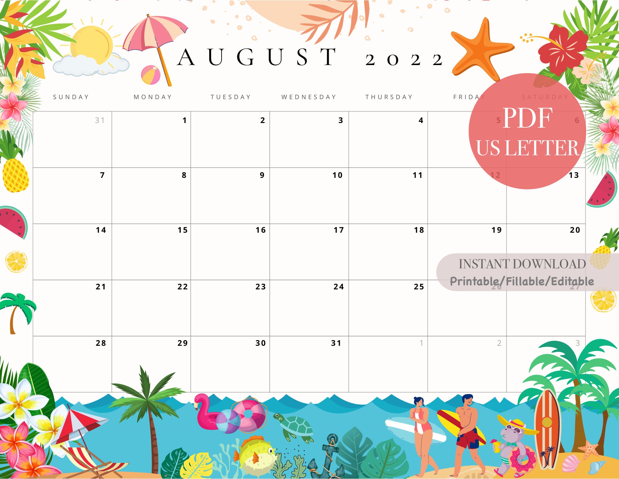 Editable August 2022 Calendar Printable Fillable August 2022 - Etsy Finland