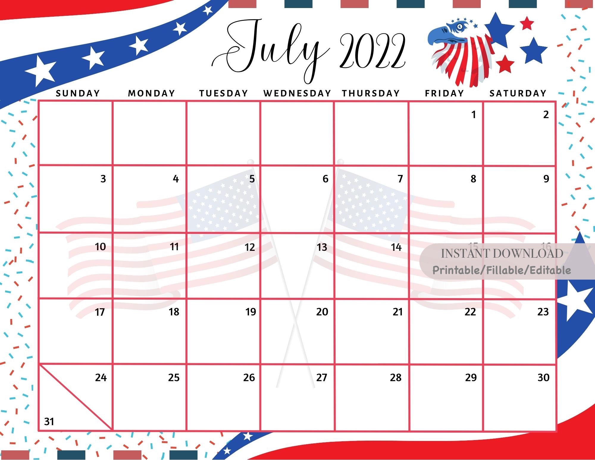 editable july 2022 calendar july 2022 calendar printable etsy new zealand