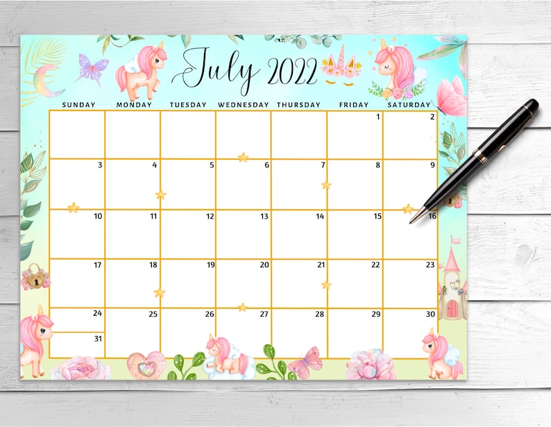 Editable July 2022 Calendar Printable Fillable Cute Unicorn - Etsy