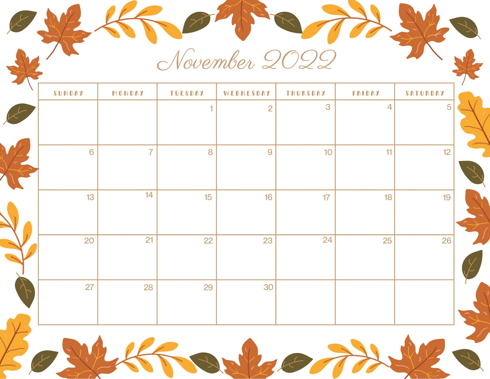 Editable November 2022 Calendar November 2022 Calendar Etsy