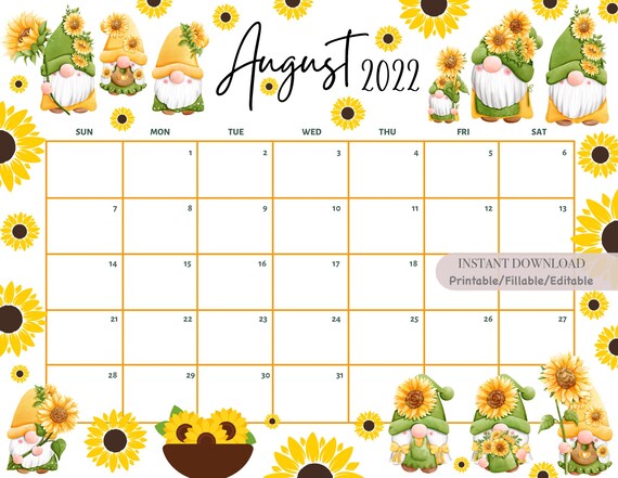 editable august 2022 calendar printable cute gnorms with etsy