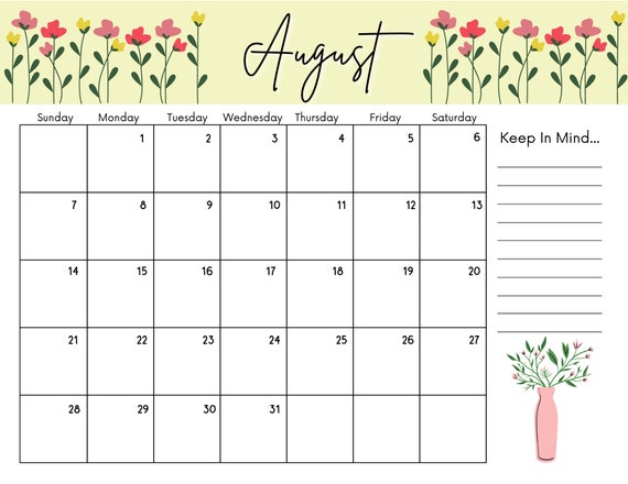 printable august 2022 calendar pdf etsy israel