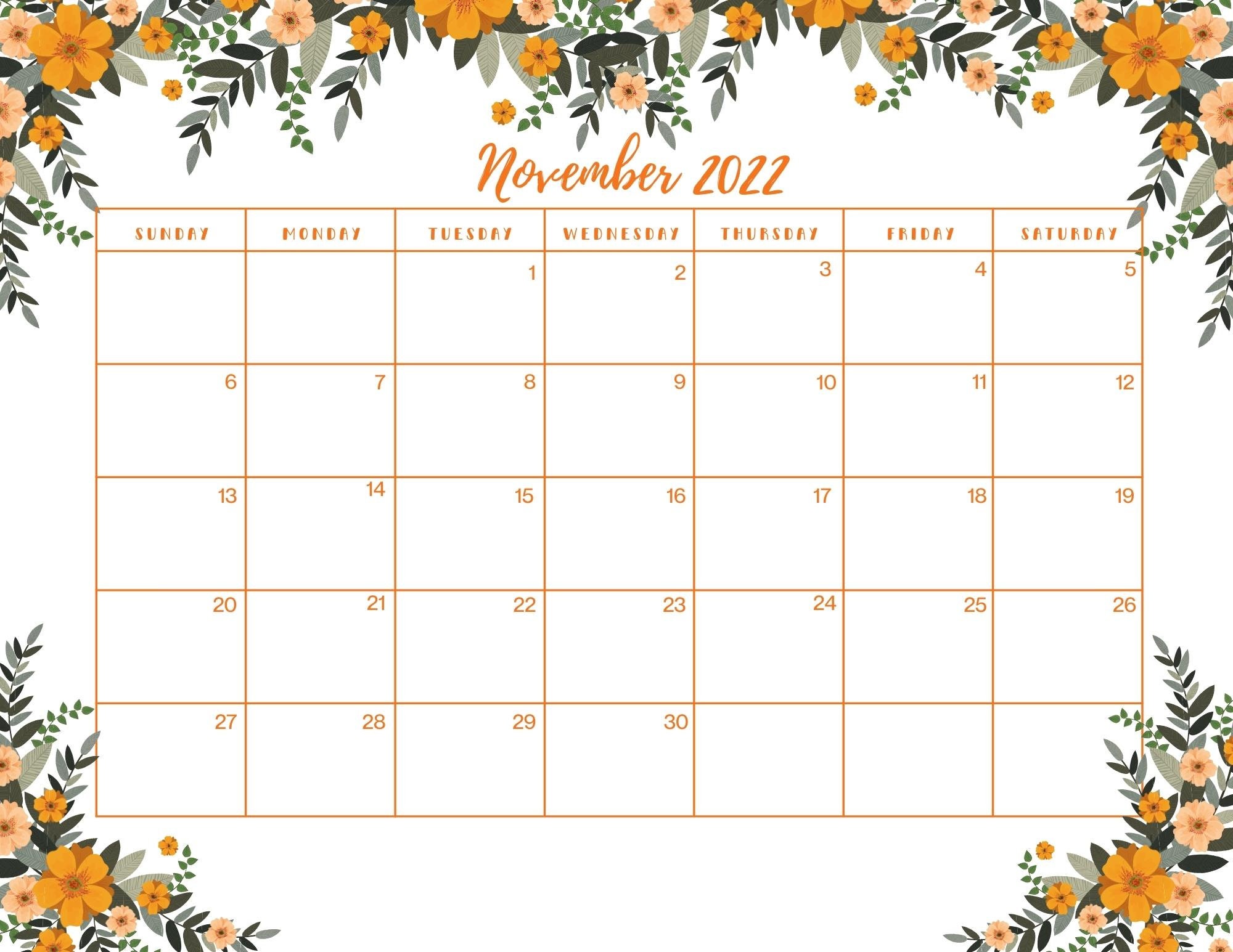 Editable November 2022 Calendar November 2022 Calendar | Etsy