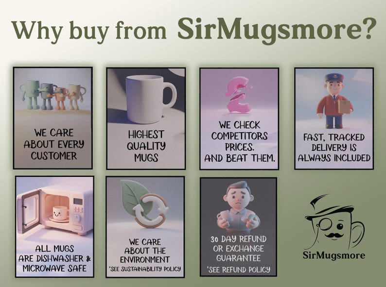 May include: Promotional graphic with the text "Why buy from SirMugsmore?" and images highlighting customer care, high-quality mugs, competitive pricing, fast delivery, dishwasher and microwave safety, environmental care, and a refund guarantee.