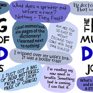 May include: A white background features the text "THE BIG MUG OF DAD JOKES" in black and blue. The image includes several speech bubbles with various jokes, such as "What does a sprinter eat before a race? Nothing - They Fast!!"