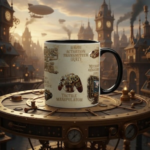 May include: A white ceramic mug with a black handle and rim, featuring a steampunk design with gears, gadgets, and the words "VISIONS OF THE FUTURE." The mug includes illustrations of a "Tactile Manipulator" and a "Rapid Actuation Transmitter (RAT)."
