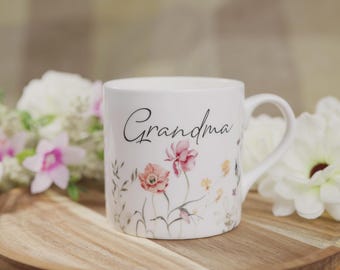 Personalised BONE CHINA Flower Mug - Dementia & Vision Impaired Options - For Mum, Gran, Sister, Auntie, Aunt, Granny, Nana. 14oz 8oz 400ml