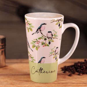 Vintage Art Designs - Personalised Large Latte Mug - Gift Idea for Friends & Family - Birds, Flowers, Fruits