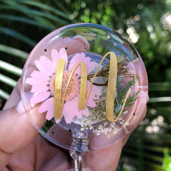 Customizable Floral Spring Badge Reel/Keychain with name or initial. Pick your flower color!