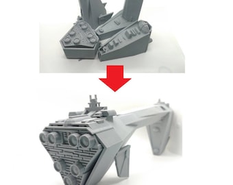 May include: A gray 3D printed model of a spaceship, assembled from multiple pieces. The model is in a disassembled state in the top half of the image and assembled in the bottom half of the image.