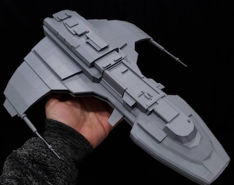 May include: A gray 3D printed model of a spaceship with a detailed design. The spaceship has a long, pointed nose and a large, flat wingspan.