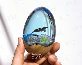 Humpback whales Egg, Ocean Desk Decoration, Ornaments for Room, Office, Nautical Resin Wood Home Decor, Easter Egg Gift