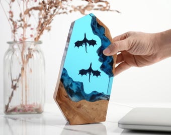 Fire & Ice Dragon Resin Wood Lamp – Fantasy Dragon Night Light, Gamer Desk Decor, Father's Day Gift for Him