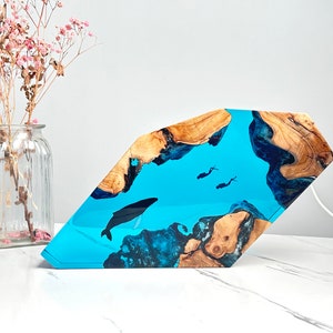 Humpback whale Diver Night light, Large Epoxy Resin Wood Table lamps, Winter gift, Home decor, Mother Fathers day gift, Kids gift image 1
