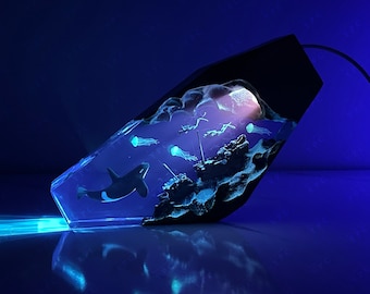 Resin Wood Night light, orca, shipwreck, jellyfish, scuba diver, Ocean Bedside lamps, Killer whale Table lamps, Mother day gift