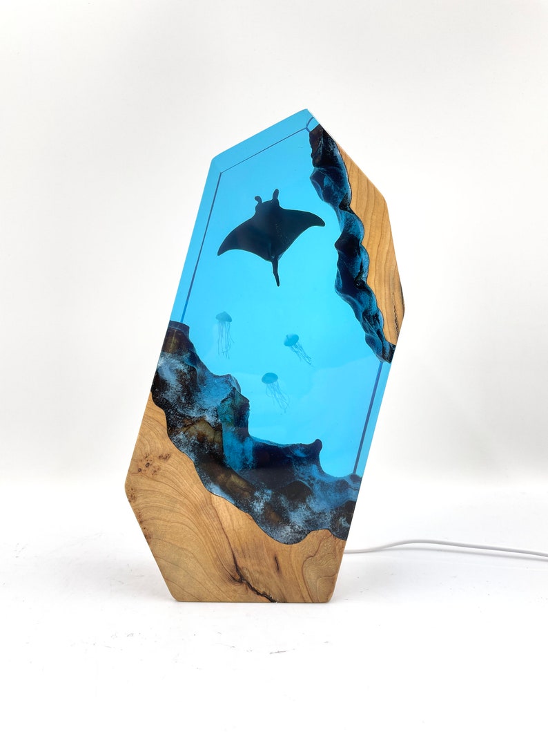 Manta rays Jellyfish Night light, Resin Wood Lamp, Blue ocean Miniature, Home decor unique gift, Kids gift, Mother Fathers day gift image 4