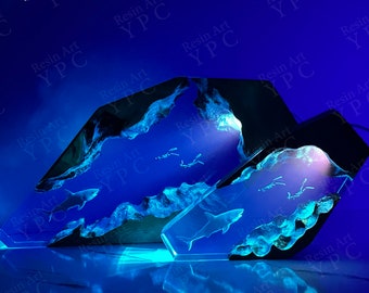 Great white shark & Couple Diver Night light Desk Decor, Large Epoxy Resin Wood Lamp, Kids gift, Back to School Gifts