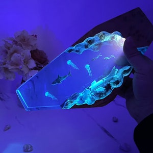 Underwater Plane Wreck Shark Jellyfish Resin Wood Lamp – Ocean Adventure Decor, Handmade Gift for Him, Unique Diver Night Light