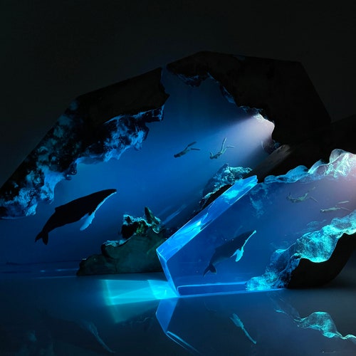 Humpback whale and Tandem diver Night light, Large Epoxy Resin Wood lamp, Scuba diving, Free diving, Home decor unique gift