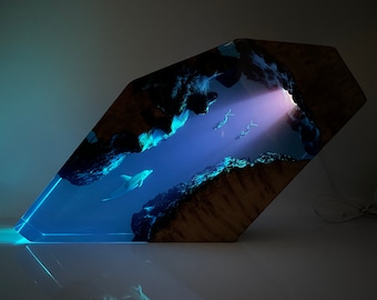 Dolphin & Diver Resin Wood Night Light: Ocean Nursery Decor, Father's Day Gift for Him