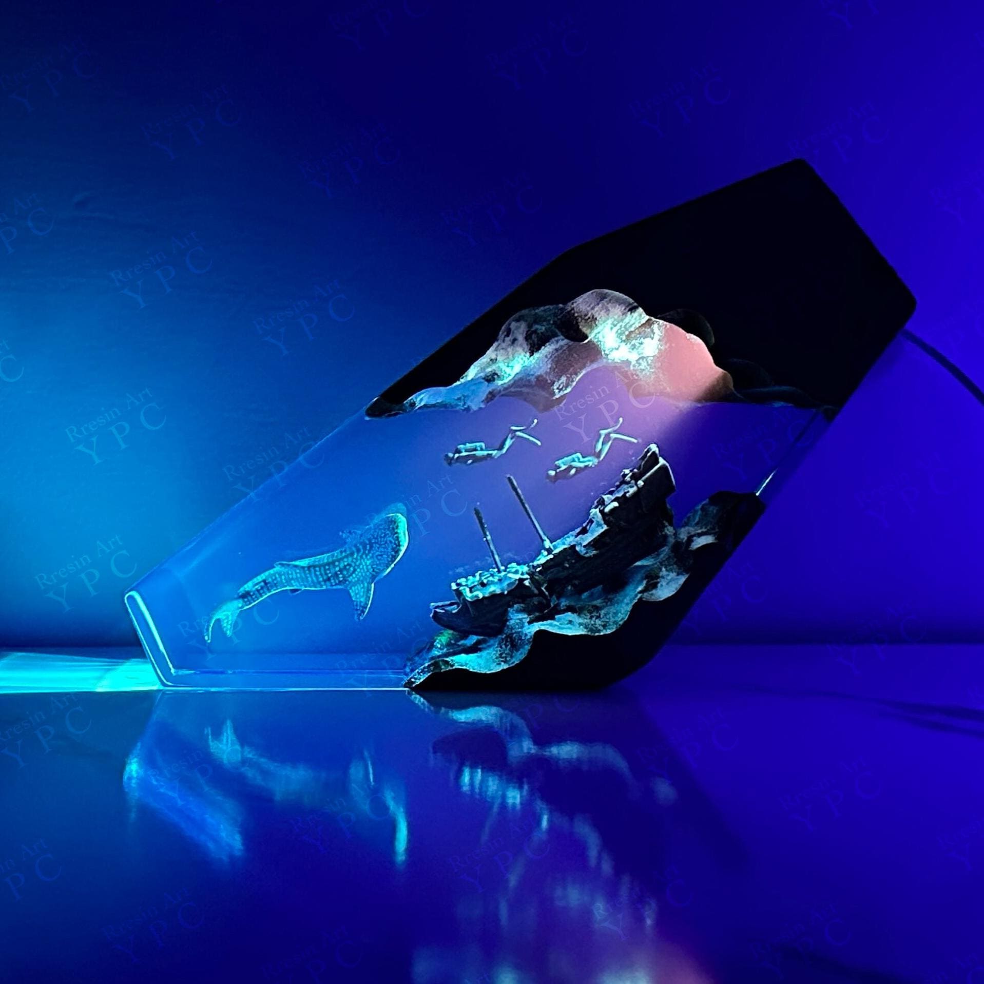 Whale Shark and Shipwreck Divers Resin Wood Night Light - Perfect