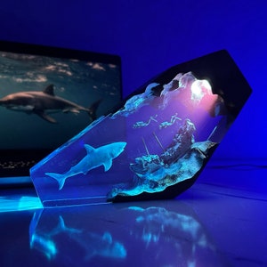 Shark Diver Night Light Gift, Resin Wood Desk Decor with Majestic Great White Shark, Shipwreck, and Diver, Gift for Her Valentine day