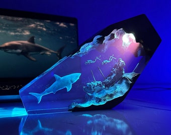 Shark Diver Night Light Gift, Resin Wood Desk Decor with Majestic Great White Shark, Shipwreck, and Diver, Gift for Her Valentine day