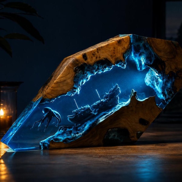 Lampa z żywicy ośmiornica, lampka nocna wrak statku Kraken, lampa z żywicy pirackiego statku, dekoracja biurka z motywem głębin morskich, prezent dla miłośnika oceanu dla niego