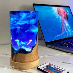 Diver and jellyfish Night Lights , Ocean Art Epoxy Resin Wood Light Lamp, Home decor, Mom gifts, Back to School Gifts