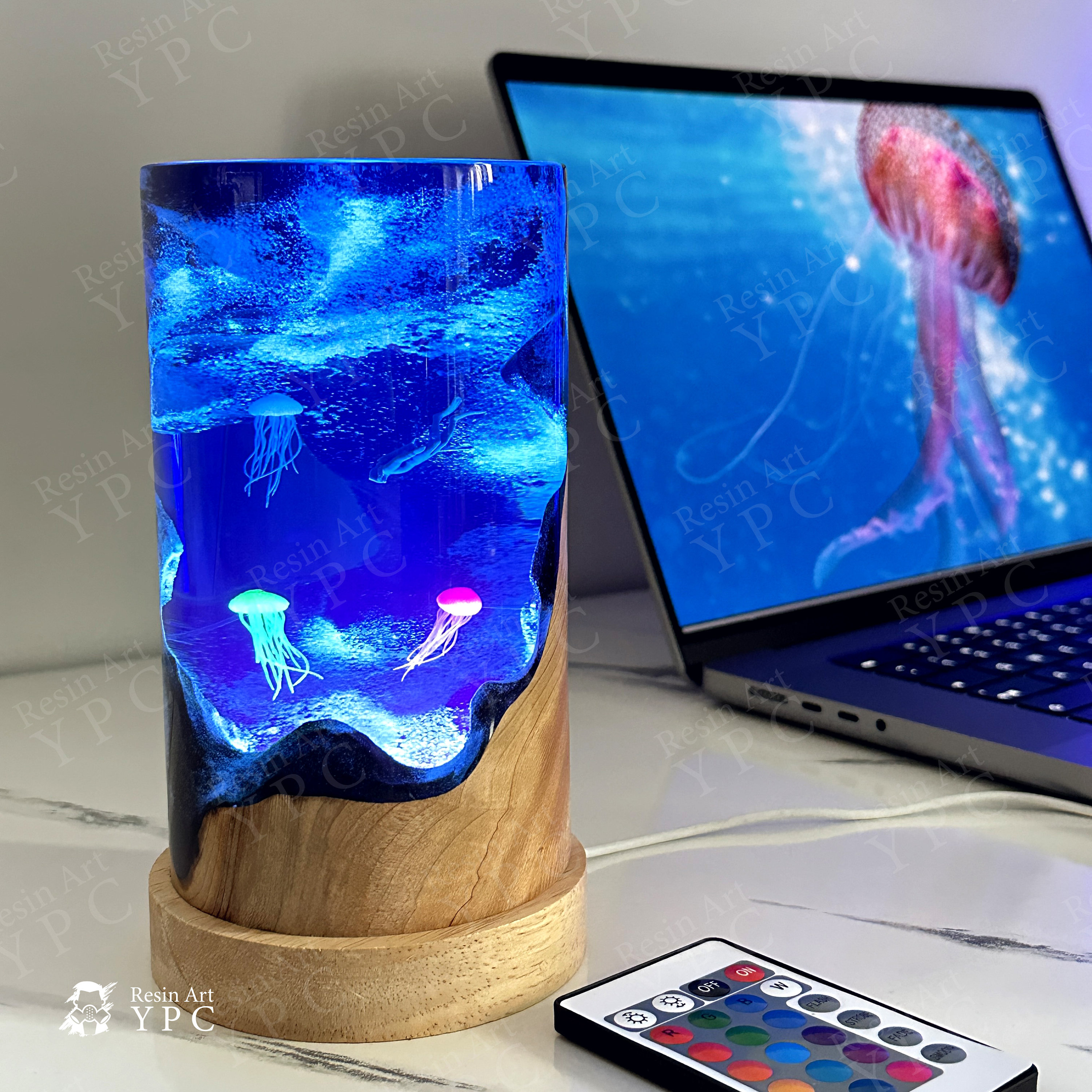 Diver and jellyfish Night Lights , Ocean Art Epoxy Resin Wood Light Lamp, Home decor, Mom gifts, Back to School Gifts