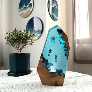 Sea Turtle & Couple Diver Night light, Winter gifts, Large Epoxy Resin Wood Table lamps, Home decor unique gift, Mother day gift