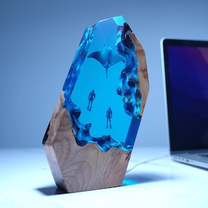 Ocean Manta Rays Divers Night light, Large Epoxy Resin Wood lamp, Miniscule, Back to School Gifts for staff